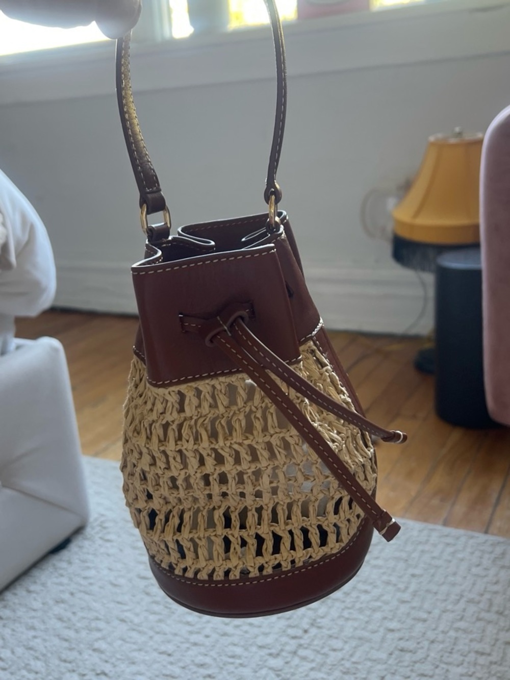 J. Crew Brown Leather and Natural Straw Bucket Bag